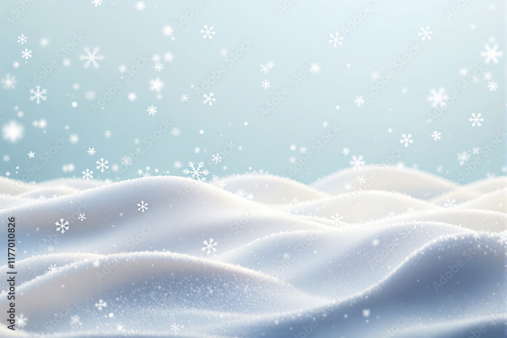 Poster Beautiful snowy landscape with falling snowflakes on a soft blue background.