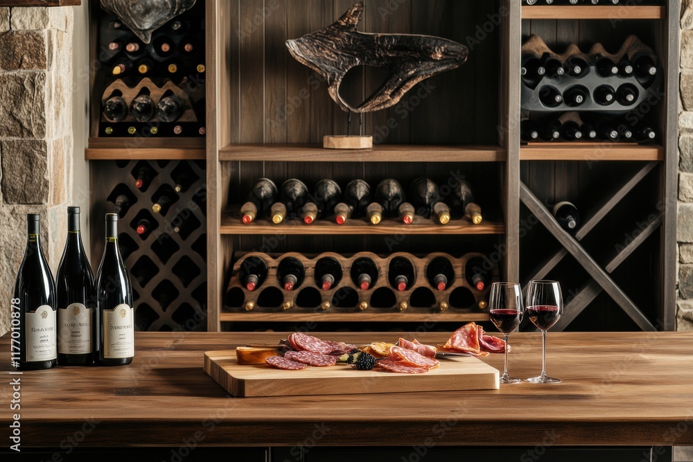 Poster elegant wine cellar showcasing vintage bottles with tasting table featuring red wine and a charcuter