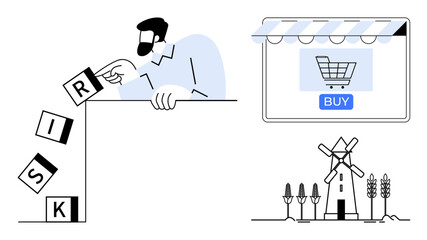 Man delicately stacking RISK blocks, online shopping cart next to BUY button, windmill with growing crops. Ideal for business, risk management, e-commerce, sustainability, decision-making, balance