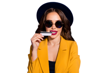 Close-up portrait of her she nice-looking lovely charming cute pretty chic gorgeous cheerful wavy-haired lady holding in hands biting card isolated over bright vivid shine violet lilac background