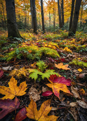 Colorful autumn leaves on a forest floor, vibrant foliage