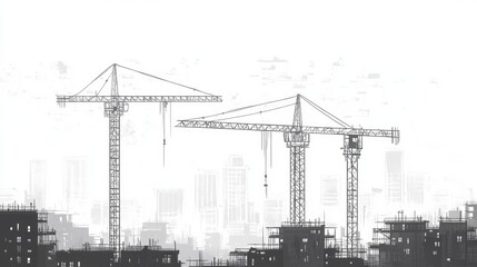 Handdrawn vector illustration of tower cranes on a construction site with cityscape background