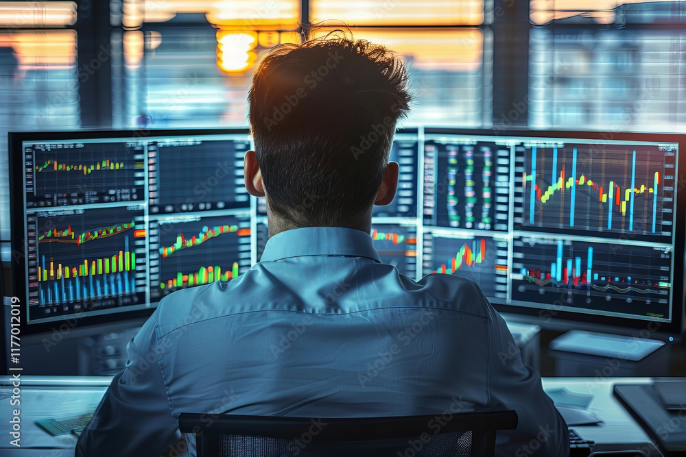 Poster young businessman analyzing graphs on office computers from behind