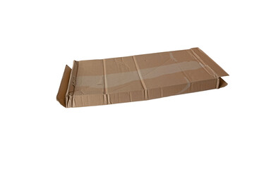 Damaged used brown flat cardboard mailing box isolated transparent png.