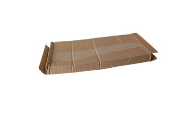 Damaged used brown flat cardboard mailing box isolated transparent png.