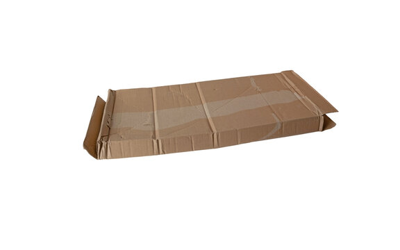 Damaged used brown flat cardboard mailing box isolated transparent png.