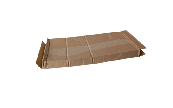 Damaged used brown flat cardboard mailing box isolated transparent png.