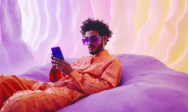 Fashion man with phone chilling in the chair.