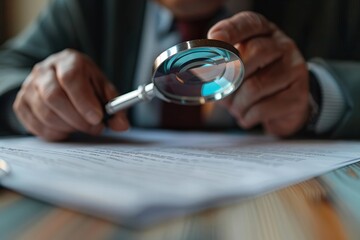 Judge Examining Document with Magnifying Glass in Close-up View