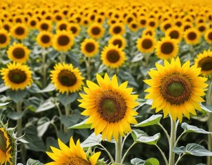 A close-up of a sunflower in a field of yellow sunflowers