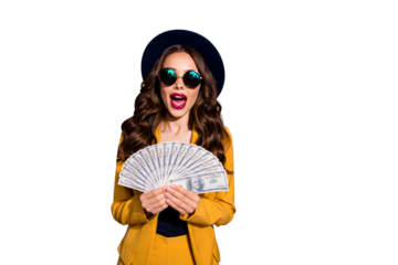 Portrait of her she nice-looking lovely chic gorgeous cheerful cheery glad positive rich wavy-haired lady holding in hands large sum salary isolated over bright vivid shine violet lilac background