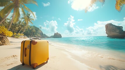 Obraz premium Travel adventure with yellow suitcase on tropical beach paradise