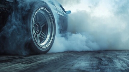 High-performance vehicle executes a powerful drift, generating thick smoke from its rear tires on a racetrack. The scene captures the intensity and excitement of motorsport