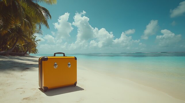 Beach vacation essentials yellow suitcase on tropical shore