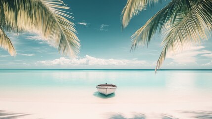 Fototapeta premium A peaceful beach setting features a small boat anchored in clear blue water, surrounded by swaying palm trees and soft, white sand. The calm atmosphere invites relaxation