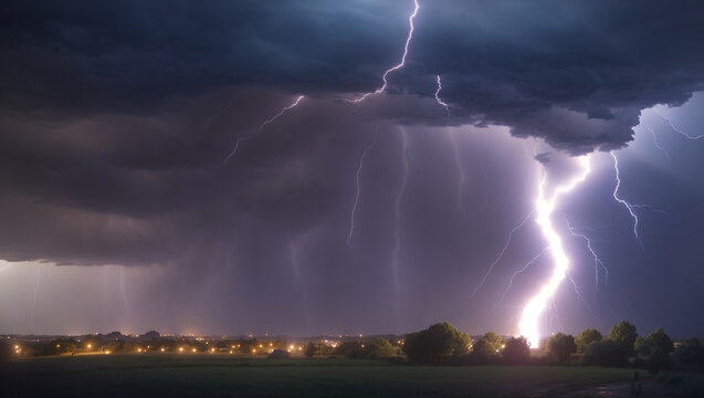 A nighttime landscape image features a dramatic lightning storm over a town, with strikes illuminating dark clouds and the horizon below. The scene is captured in a photo-realistic style, likely gener