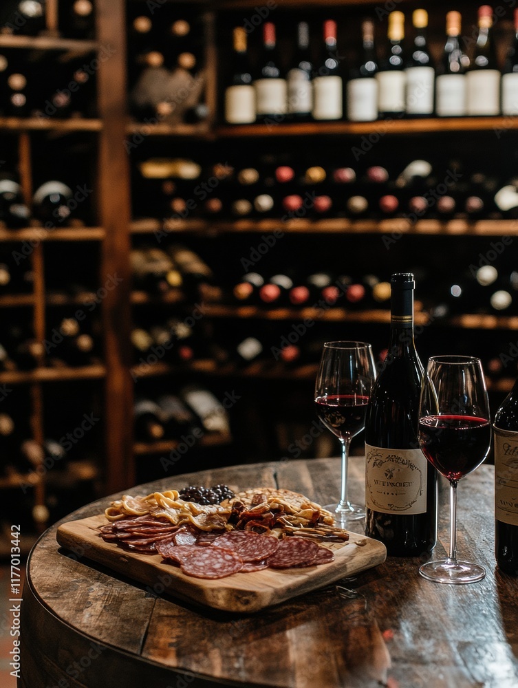 Poster elegant wine cellar with vintage bottles and charcuterie tasting table in a cozy atmosphere. generat