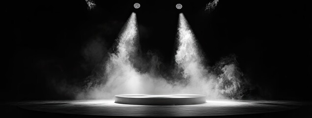 Illuminated stage with dramatic lighting and smoke, creating a captivating atmosphere for performances and presentations.