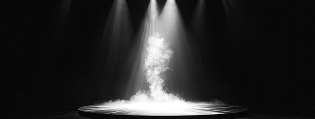 Illuminated stage with dramatic lighting and smoke, creating a captivating atmosphere for performances and presentations.