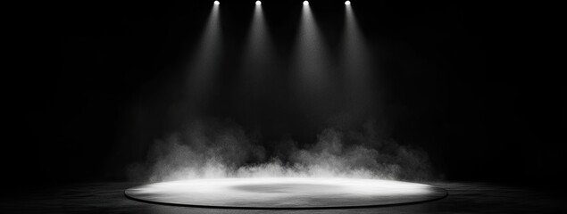 Illuminated stage with dramatic lighting and smoke, creating a captivating atmosphere for performances and presentations.