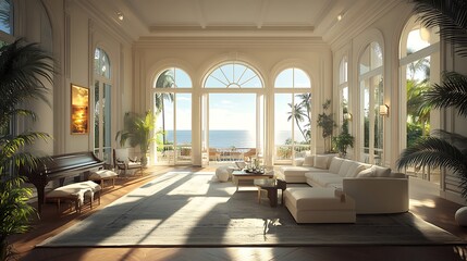 Fototapeta premium Luxurious living room with ocean view coastal home interior design