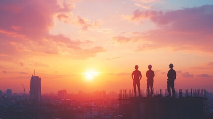 Fototapeta premium Silhouette of a construction engineer directing a team for safe highground work against a pastel sunset background