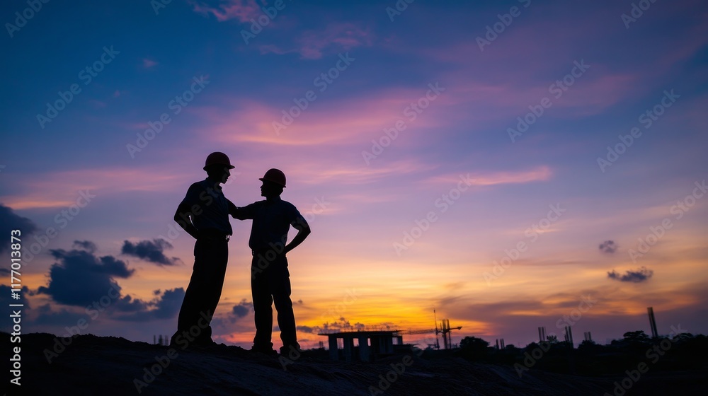 Poster silhouette of engineer and worker reviewing a project onsite with a sunset backdrop