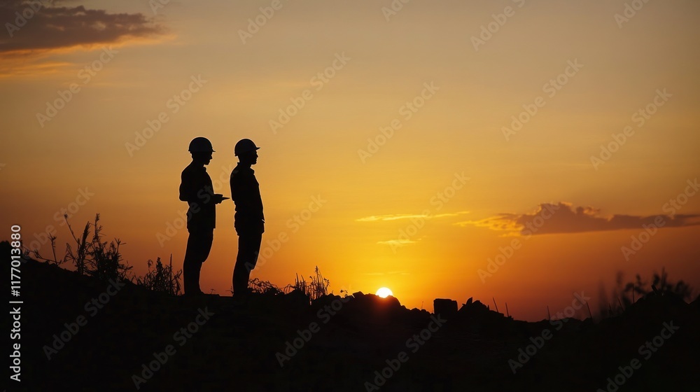 Poster silhouette of engineer and worker reviewing a project onsite with a sunset backdrop