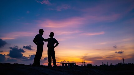 Obraz premium Silhouette of engineer and worker reviewing a project onsite with a sunset backdrop