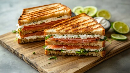 Slices of grilled sandwich stacked high with layers of tomatoes, lettuce, and creamy spread sitting on a wooden board beside lime wedges