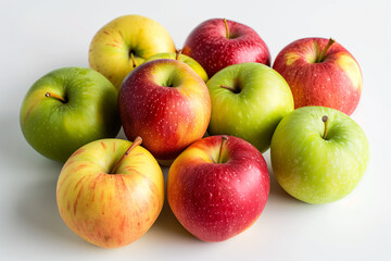 A small cluster of mixed apples in different colors, arranged neatly on a crisp white backdrop.