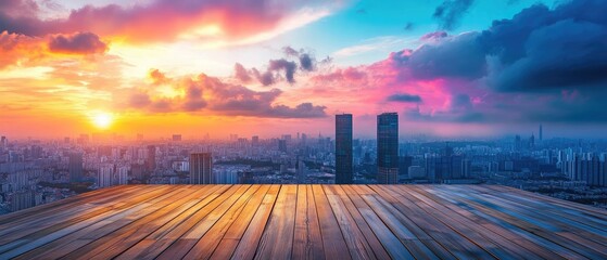 A view of a city skyline with skyscrapers during sunset, seen from a rooftop deck with wood planks