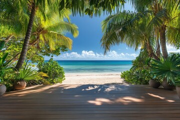 Empty rustic wooden table on blur background of beautiful beach for mockup summer product display or travel ad Picnic table with customizable space on tabletop for editing Flawless : Generative AI