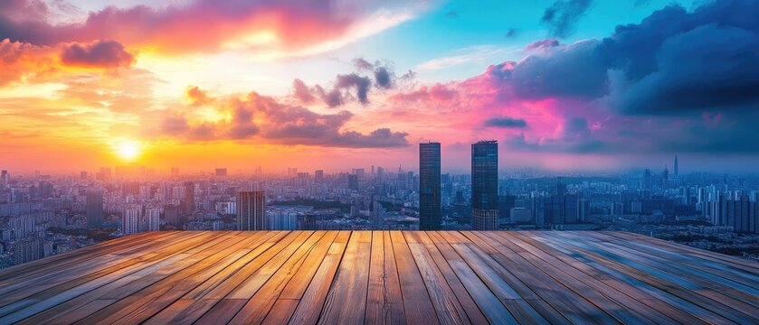 Fototapeta A view of a city skyline with skyscrapers during sunset, seen from a rooftop deck with wood planks