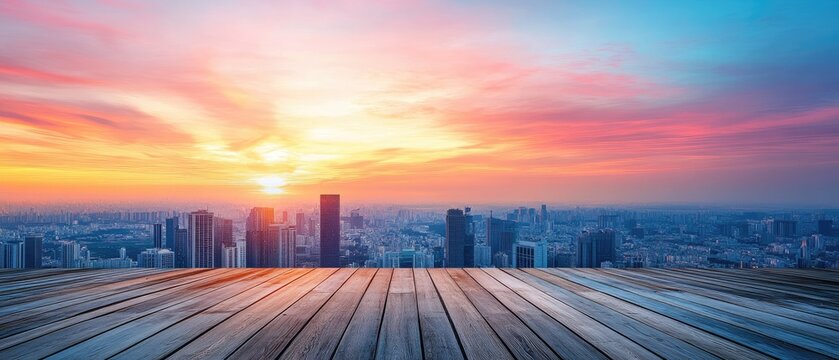 Fototapeta A view of a city skyline with skyscrapers during sunset, seen from a rooftop deck with wood planks