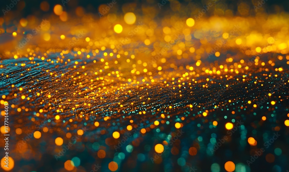 Poster golden bokeh lights on a dark background create a glowing pattern.