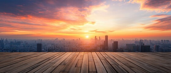 A view of a city skyline with skyscrapers during sunset, seen from a rooftop deck with wood planks