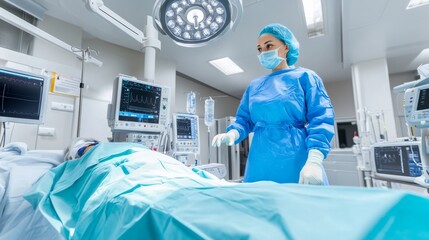 A healthcare worker in blue scrubs and mask carefully observes a patient in an operating room, surrounded by advanced medical equipment and monitors