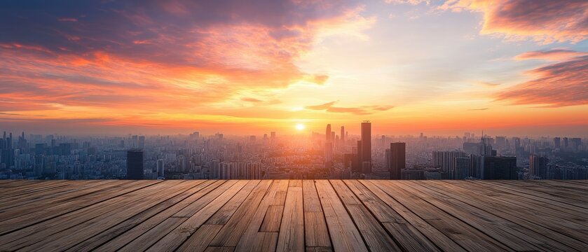 Fototapeta A view of a city skyline with skyscrapers during sunset, seen from a rooftop deck with wood planks