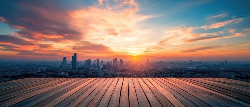 Fototapeta A view of a city skyline with skyscrapers during sunset, seen from a rooftop deck with wood planks
