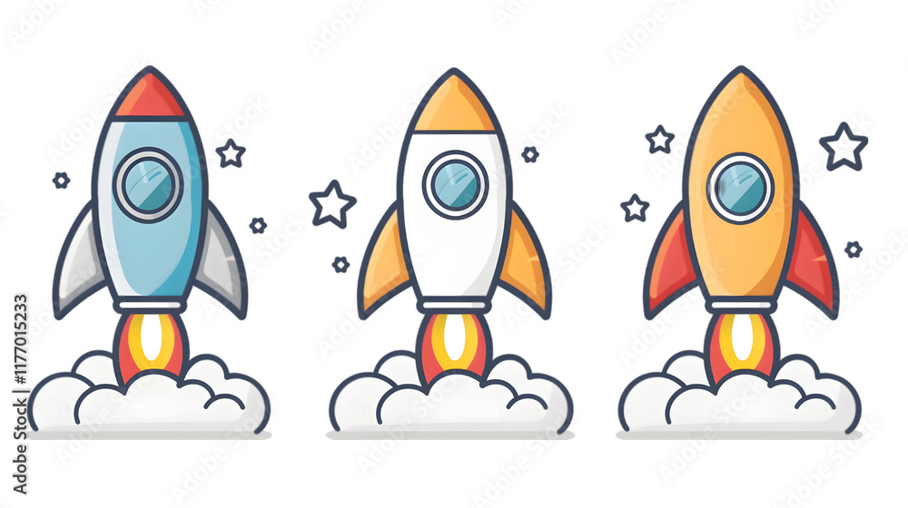 Poster rocket icon set. business start up symbol. rocket launching sign. vector in flat and outline design 