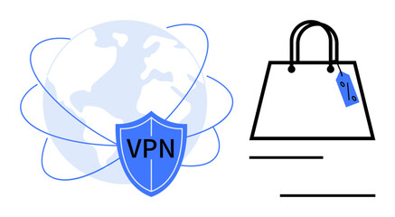 VPN shield on a globe representing internet security and protection, beside a shopping bag with a blue tag. Ideal for online privacy, secure transactions, e-commerce security, data protection