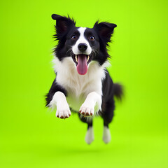Fototapeta premium Isolated Border Collie Mid-Jump on Neon Lime Green Background (Square Image)