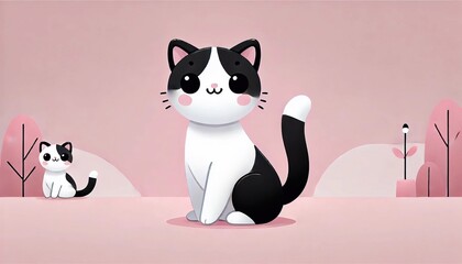 A cartoon black and white cat sitting on a pastel pink backdrop, exuding a charming and whimsical vibe
