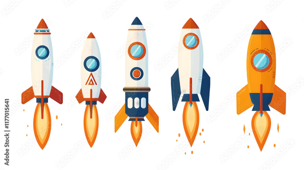 Poster rocket icon set. spaceship launch symbol. business start up isolated on a transparent background