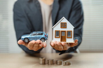Insurance financial agent signing services to promote and sell insurance and car. man agent...