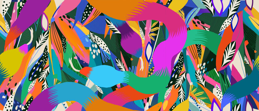 Exotic hand drawn abstract jungle and snakes pattern. Dynamic tropical print. Fashionable unique template for design. 