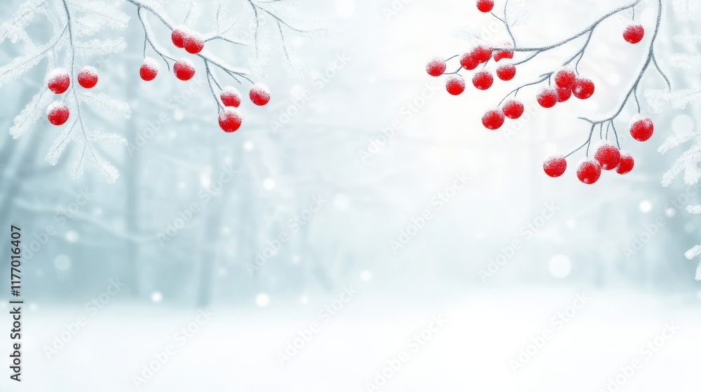 Poster frosty winter scene with red berries on snowy branches creating a dreamy and serene atmosphere in a 