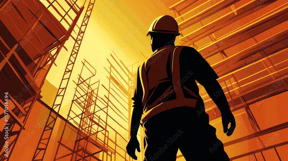 Poster vector background of a construction site showing a worker amidst building operations