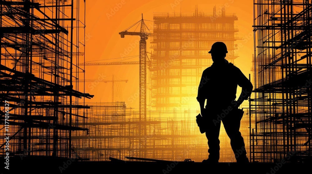 Aufkleber vector background of a construction site showing a worker amidst building operations